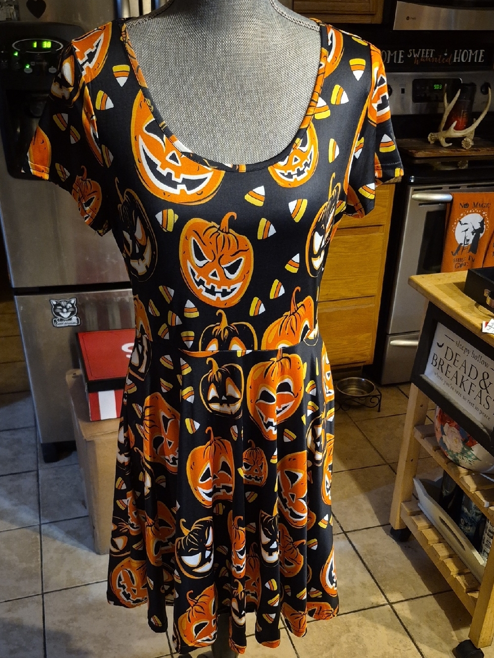 Halloween Pumpkin Print Midi Dress - Black & Orange
